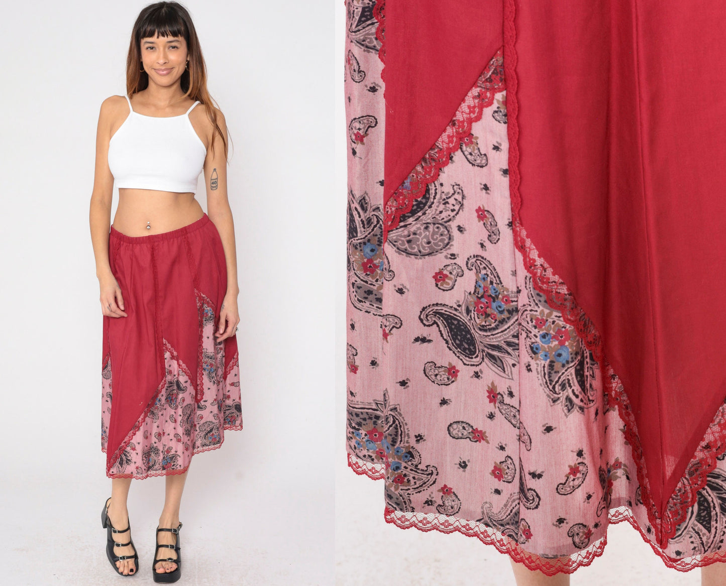 80s Red Paisley Midi Skirt Lace Trim High Waist Elastic Cotton Large