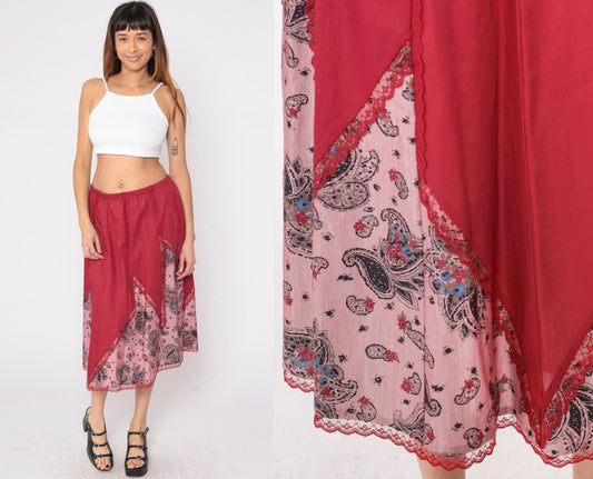 80s Red Paisley Midi Skirt Lace Trim High Waist Elastic Cotton Large