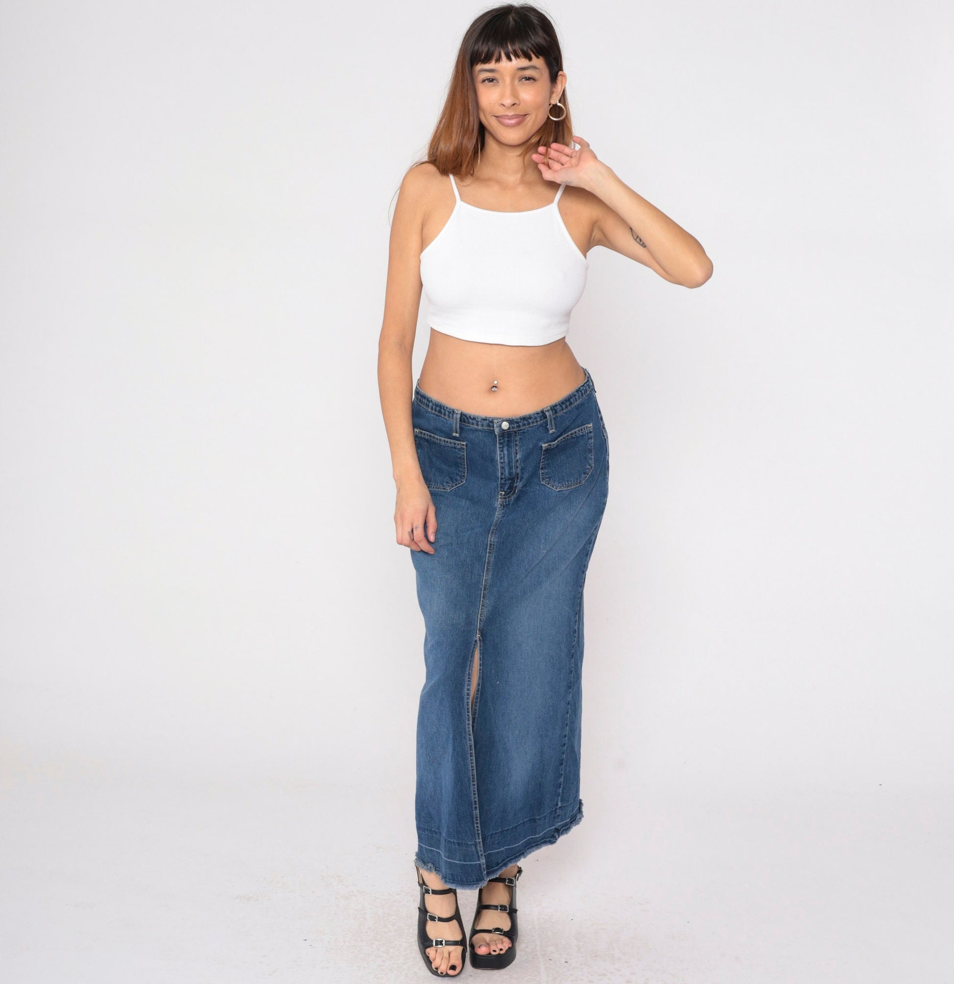 Y2K Roxy Low Rise Denim Maxi Skirt Blue Front Slit Large