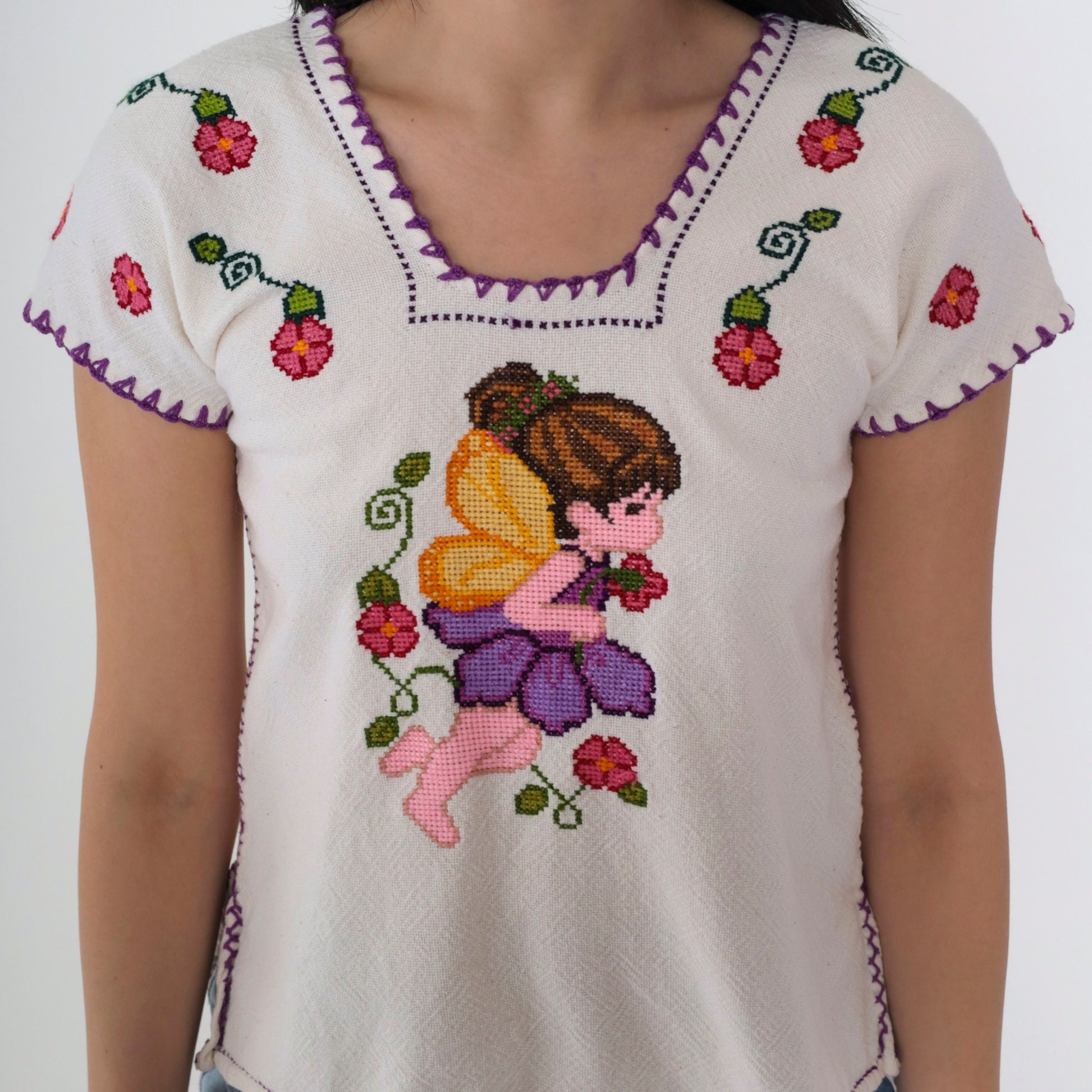 90s Cross Stitch Fairy Embroidered Floral Blouse White Mexican Top XXS