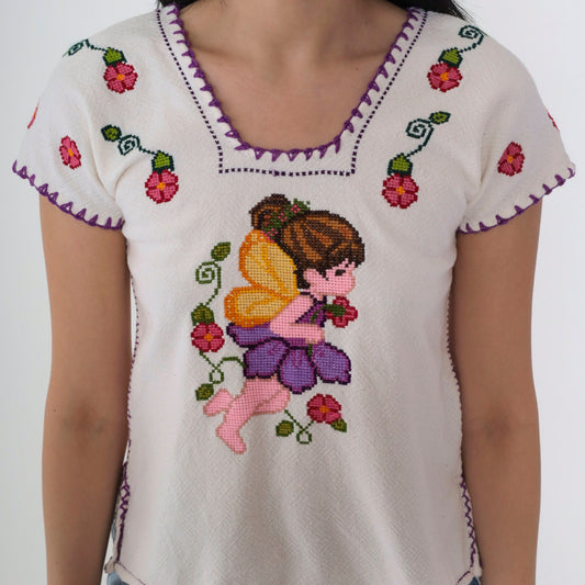 90s Cross Stitch Fairy Embroidered Floral Blouse White Mexican Top XXS