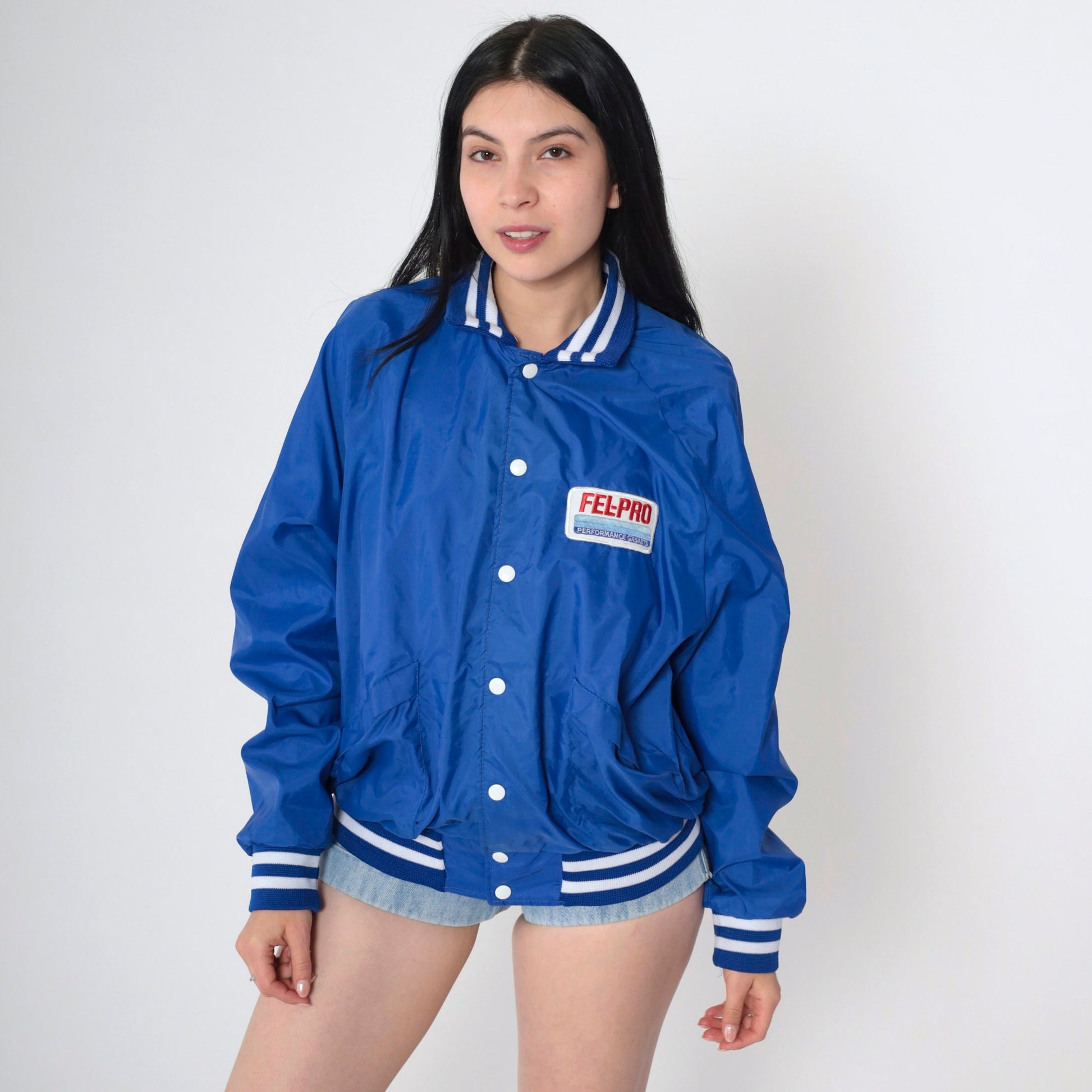 90s Fel-Pro Performance Gaskets Racing Bomber Jacket Blue Nylon Large