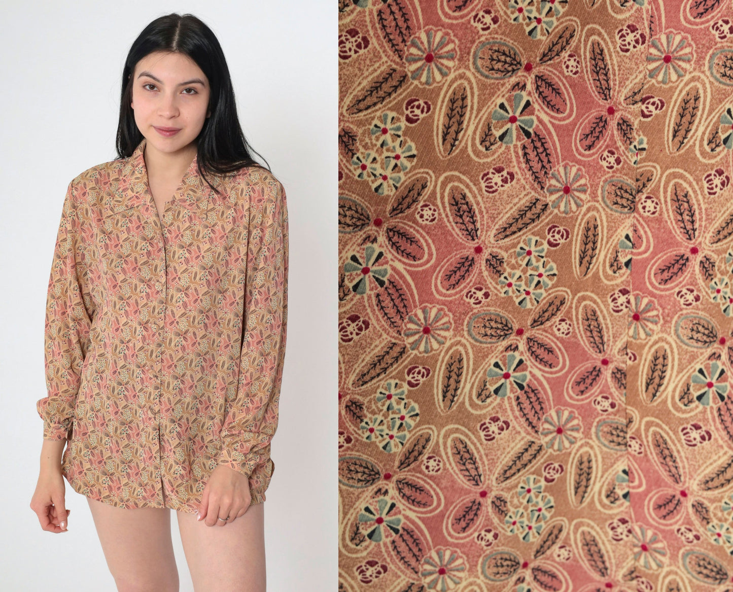 90s Tan Floral Abstract Button-Up Blouse Pink Pointed Collar Long Sleeve Medium