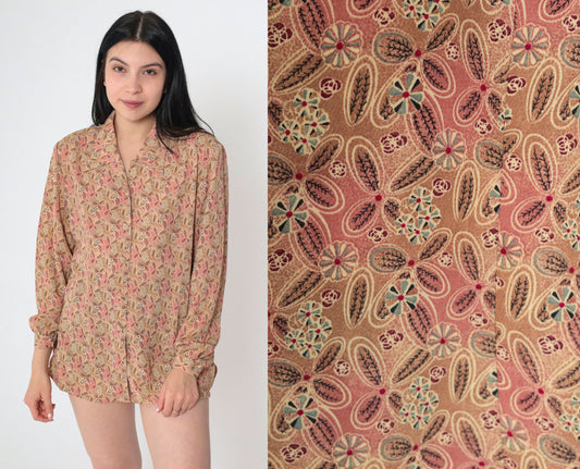 90s Tan Floral Abstract Button-Up Blouse Pink Pointed Collar Long Sleeve Medium