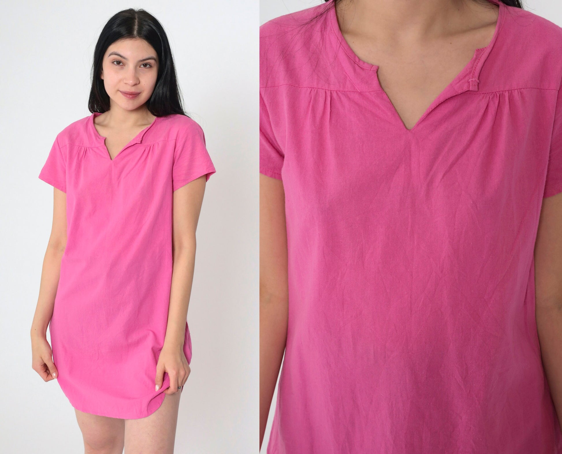 90s Pink T-Shirt Dress Micro Mini Slit Neckline Short Sleeve Small S