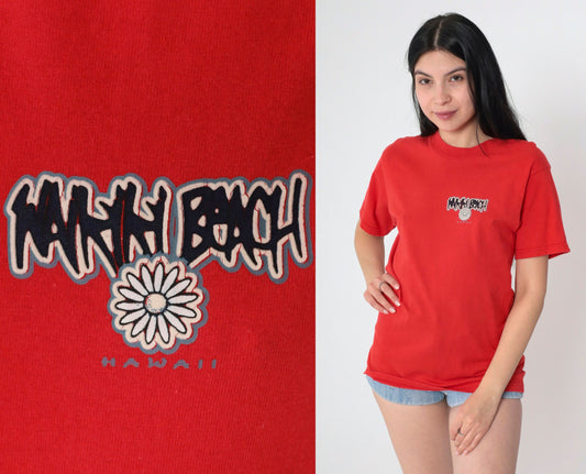 00s Waikiki Beach Hawaii Graphic T-Shirt Red Cotton Tee Small S
