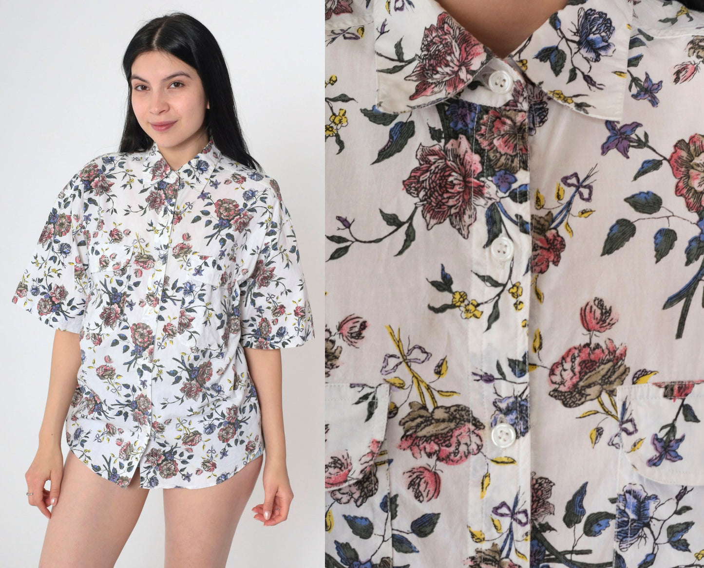 90s Bill Blass Floral Button-Up Blouse Cotton Short Sleeve White Pink Purple Medium