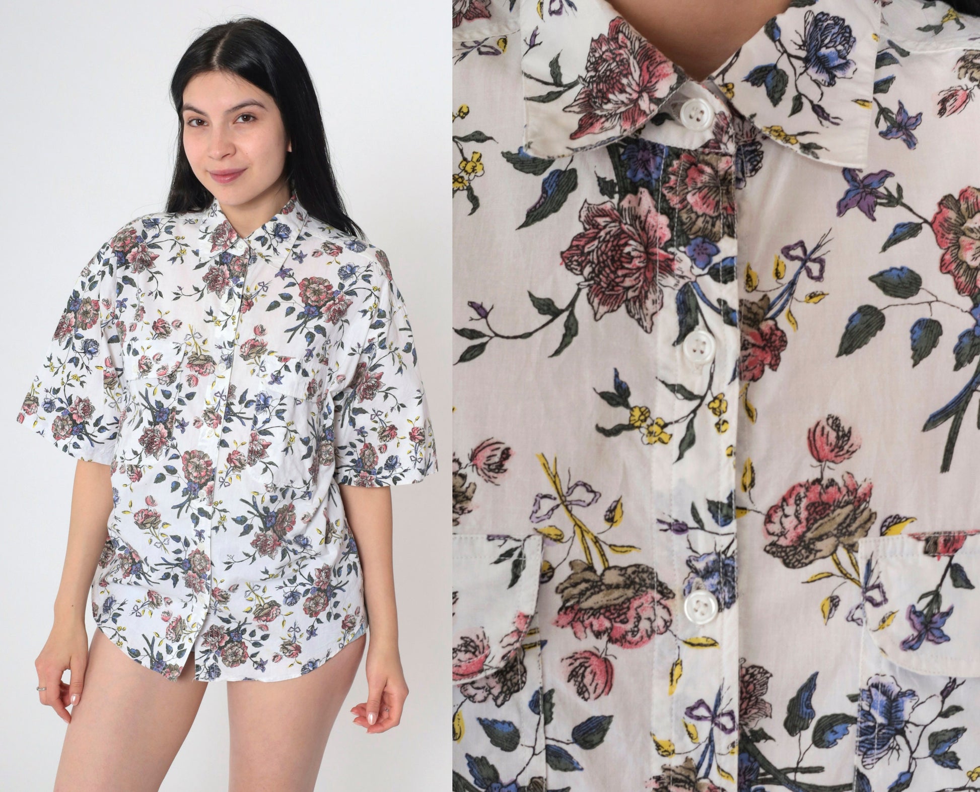 90s Bill Blass Floral Button-Up Blouse Cotton Short Sleeve White Pink Purple Medium