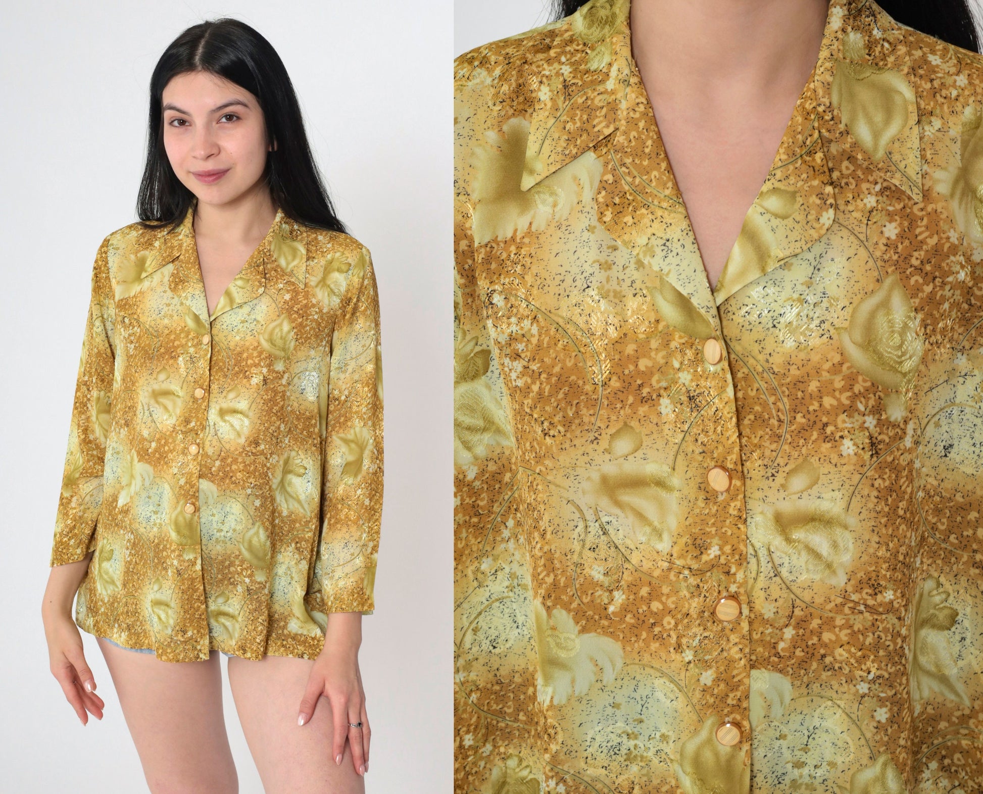 90s Embossed Floral Button-Up Blouse Long Sleeve Green Yellow Pointed Collar Medium