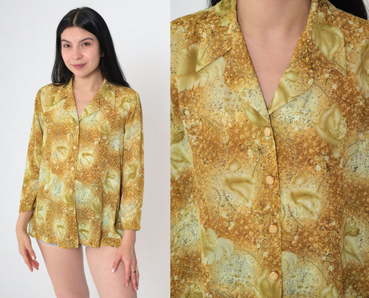 90s Embossed Floral Button-Up Blouse Long Sleeve Green Yellow Pointed Collar Medium
