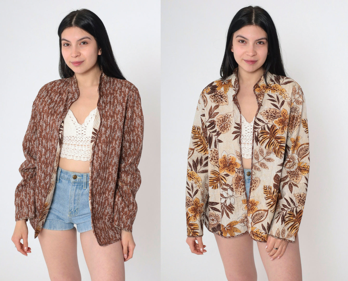 Y2K Reversible Tropical Leopard Floral Jacket Dot Print Mandarin Collar Medium M