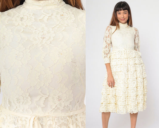 1960s Cream Floral Lace Midi Dress Puff Sleeve High Waist Tiered Ruffle XXS