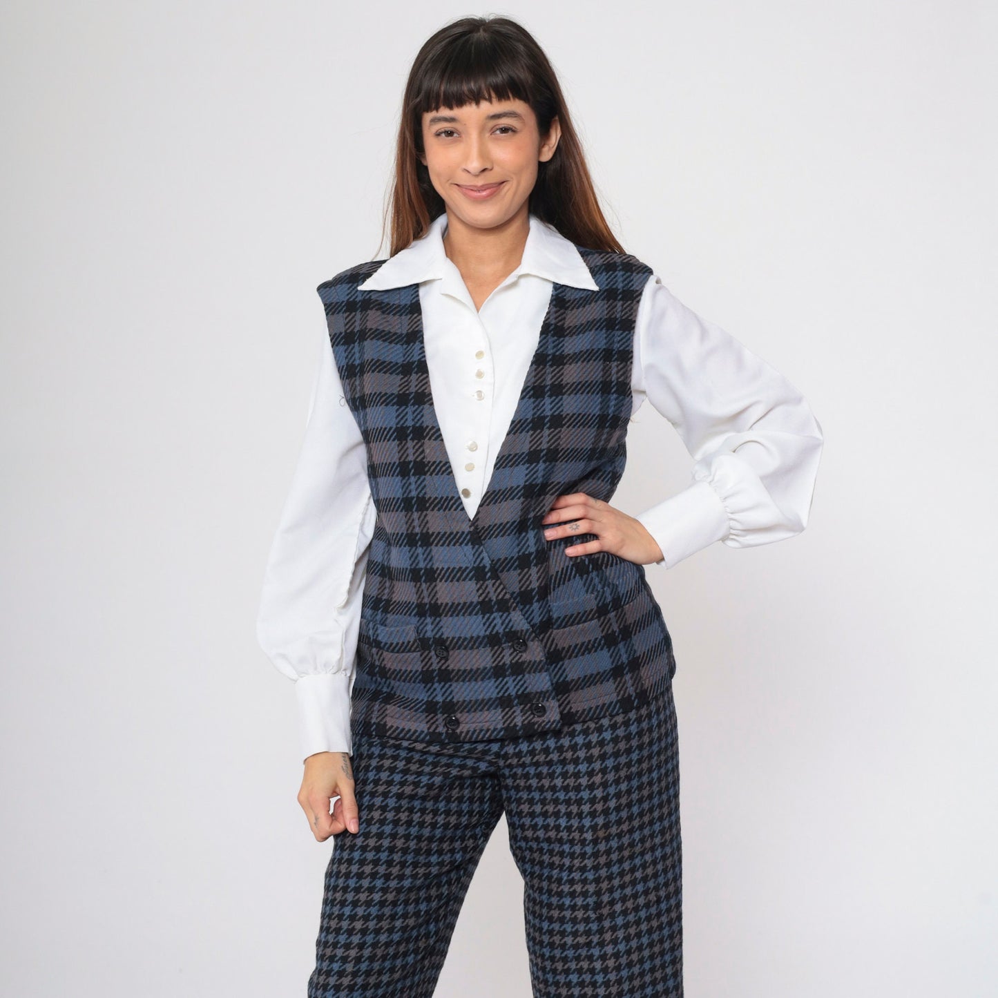 80s Bill Blass Plaid Wool Vest Double Breasted Blue Grey Small
