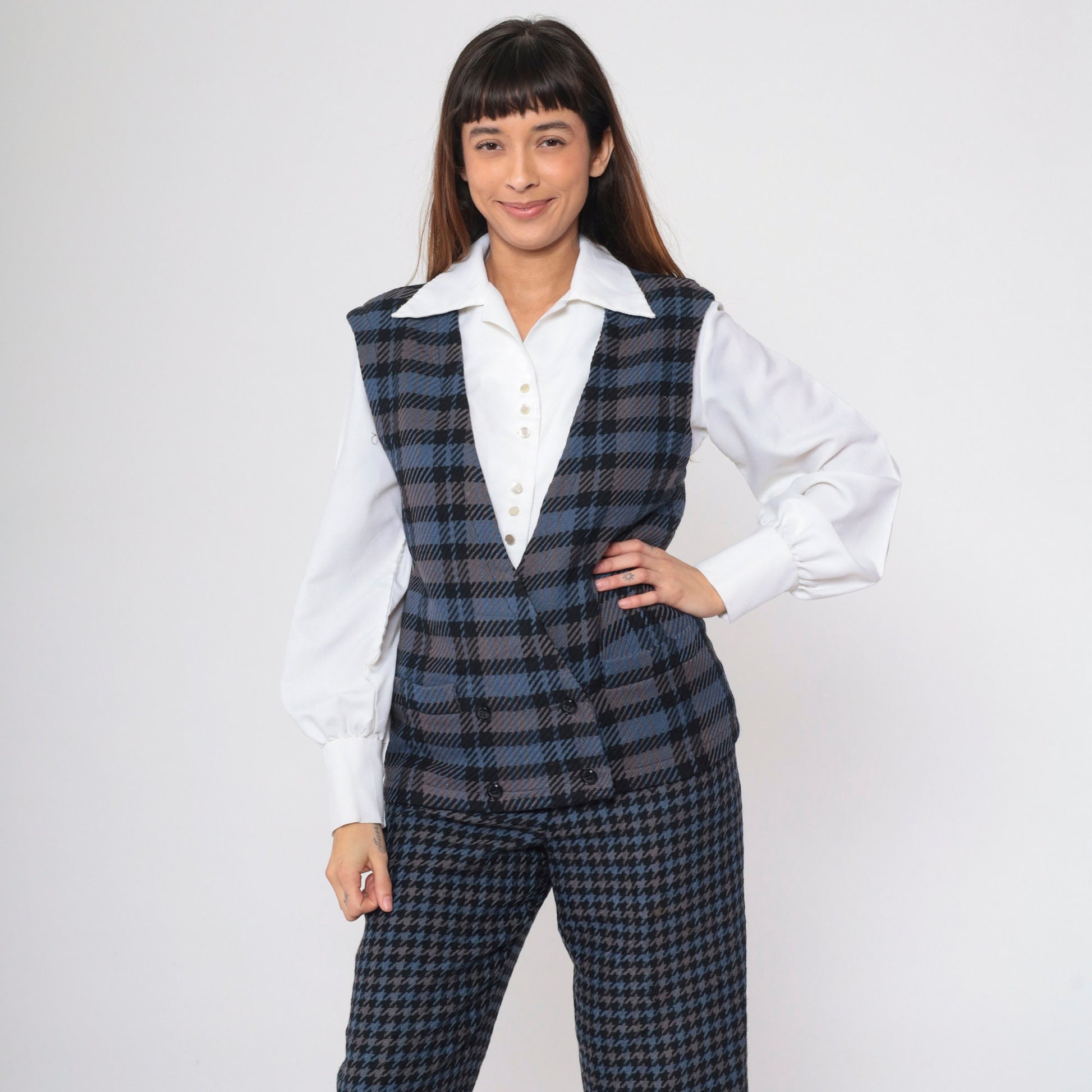 80s Bill Blass Plaid Wool Vest Double Breasted Blue Grey Small