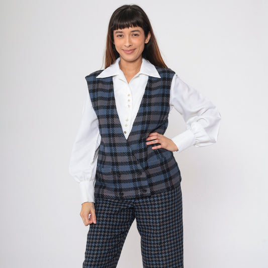 80s Bill Blass Plaid Wool Vest Double Breasted Blue Grey Small