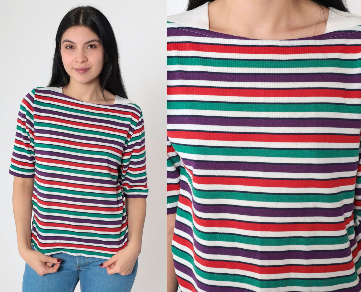 90s Multistripe Boatneck T-Shirt Short Sleeve Red Green Purple Small
