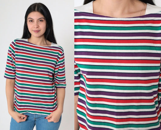 90s Multistripe Boatneck T-Shirt Short Sleeve Red Green Purple Small