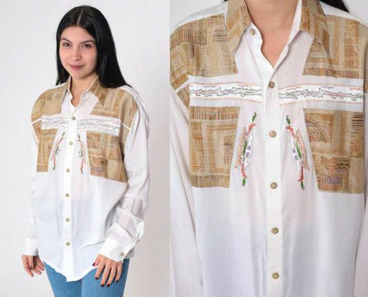 90s White Embroidered Button-Up Shirt Geometric Yoke Long Sleeve Large L