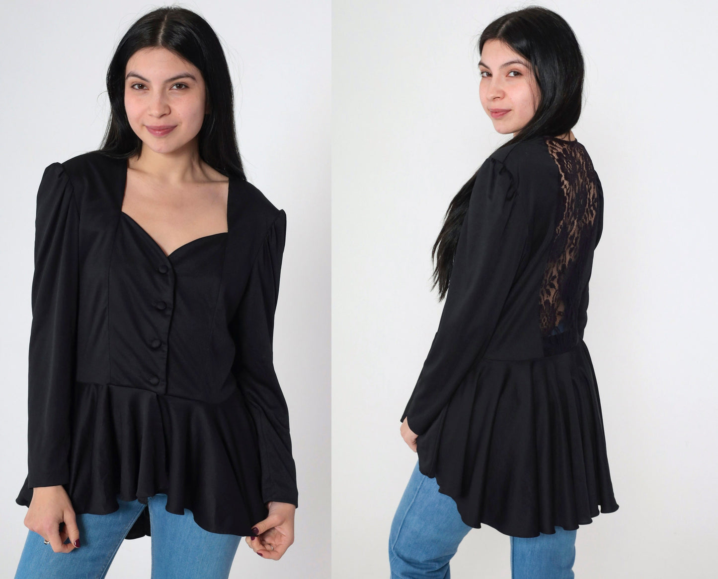 80s Black Lace Blouse Puff Sleeve Peplum High Low Sweetheart Neckline Medium