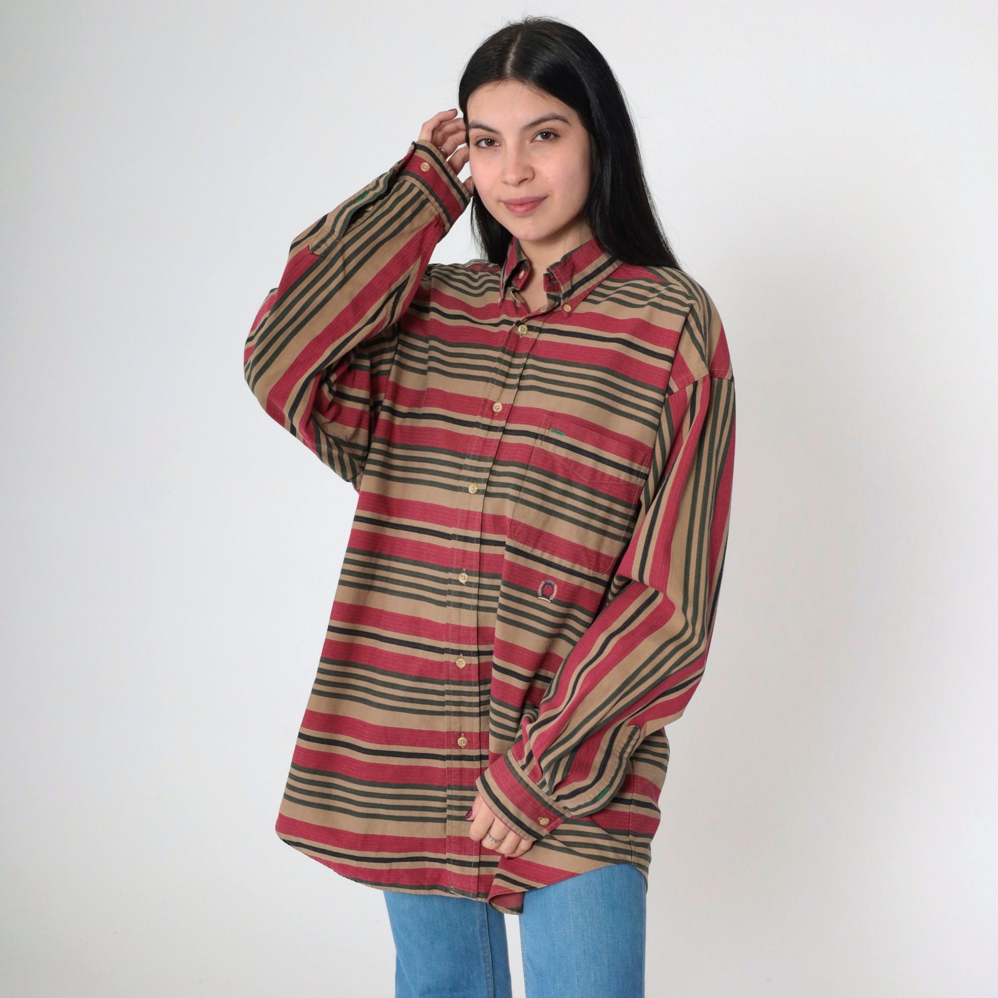 90s Tommy Hilfiger Striped Oxford Button Up Red Brown Cotton Large