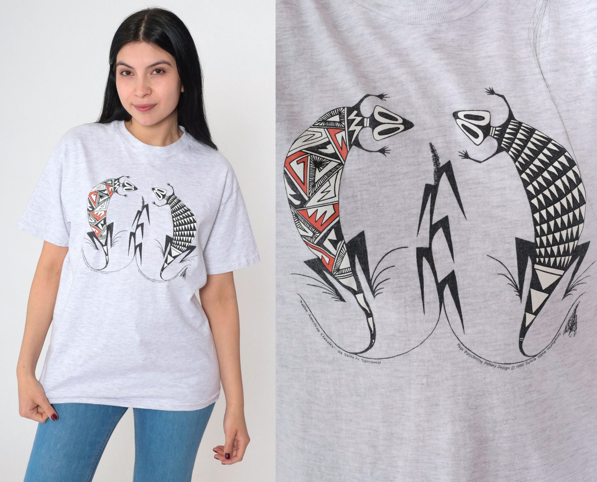 90s Sylvia Naha Humphrey Lizard Graphic T-Shirt Heather Grey Large