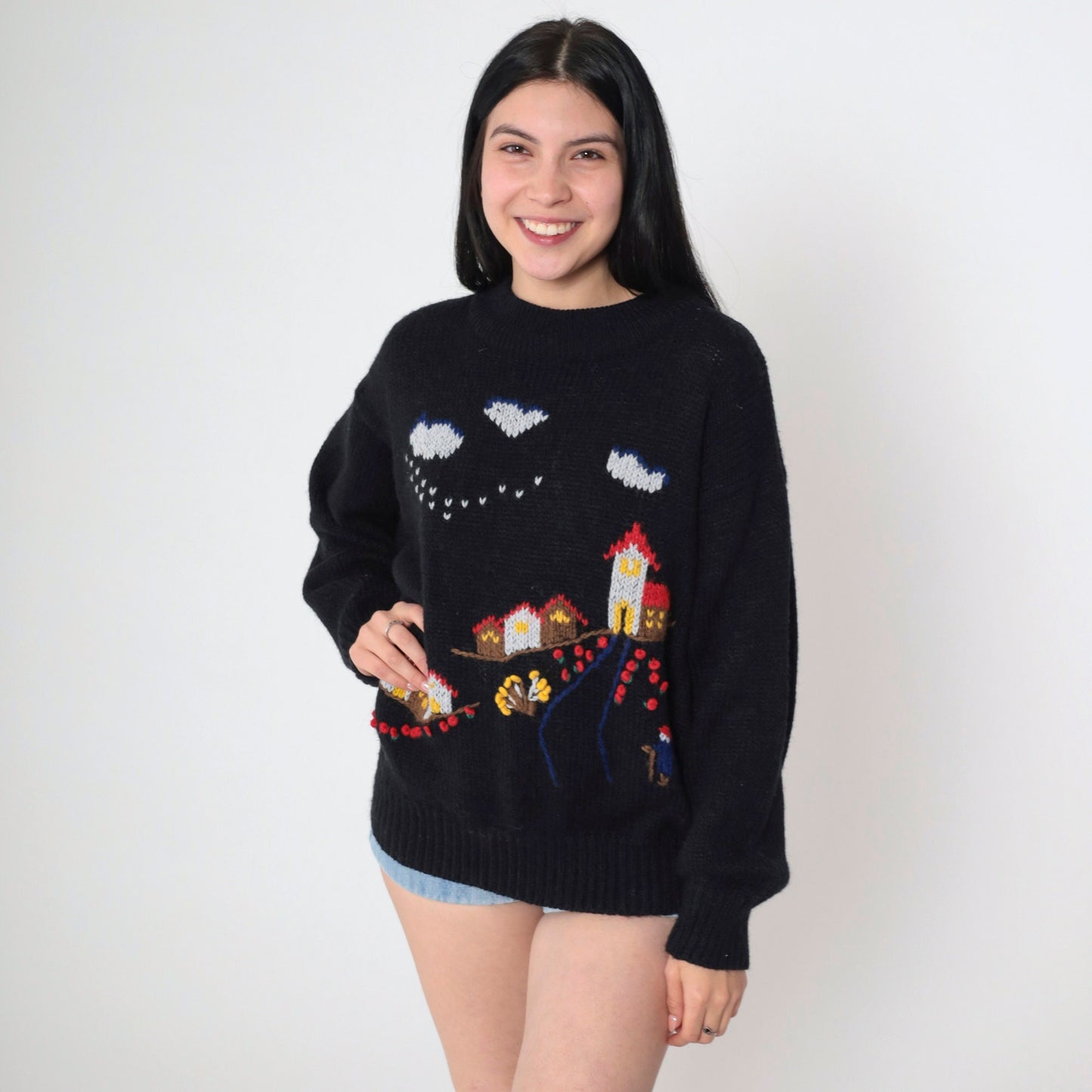 80s Lilly of California Country Village Sweater Black Knit Crewneck Medium
