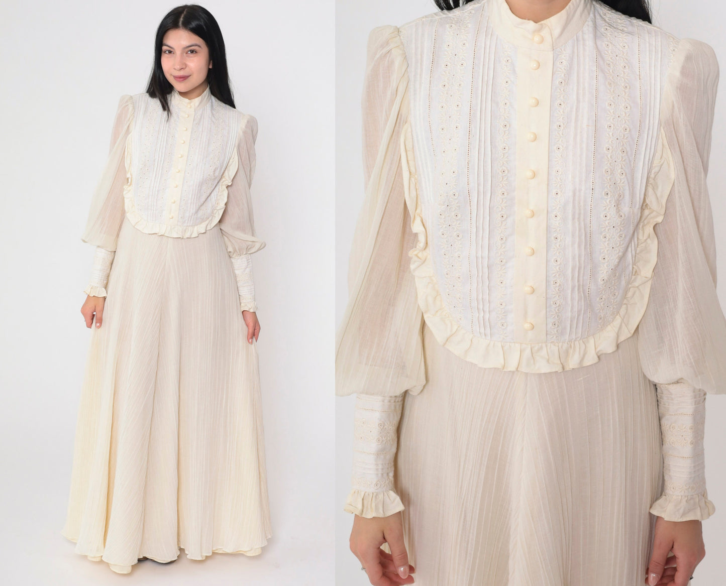 70s Miss K Cream Eyelet Maxi Dress Puff Sleeve Victorian Prairie Small