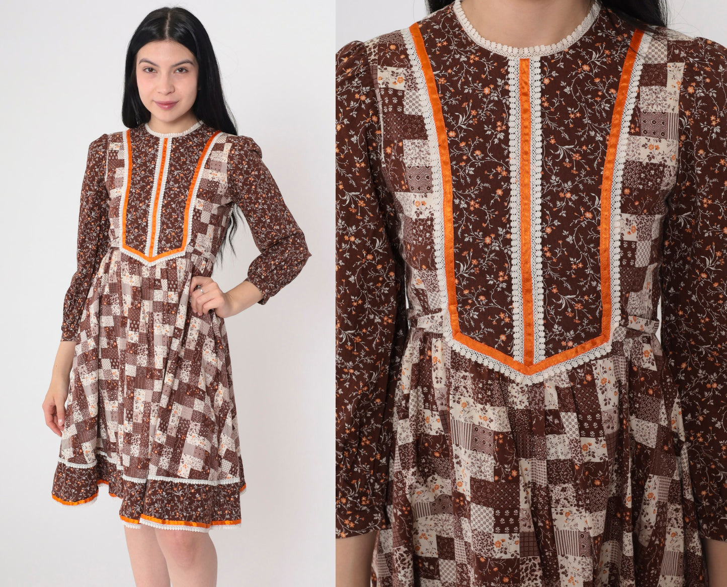 70s Calico Floral Mini Dress Puff Sleeve Patchwork Brown Cotton