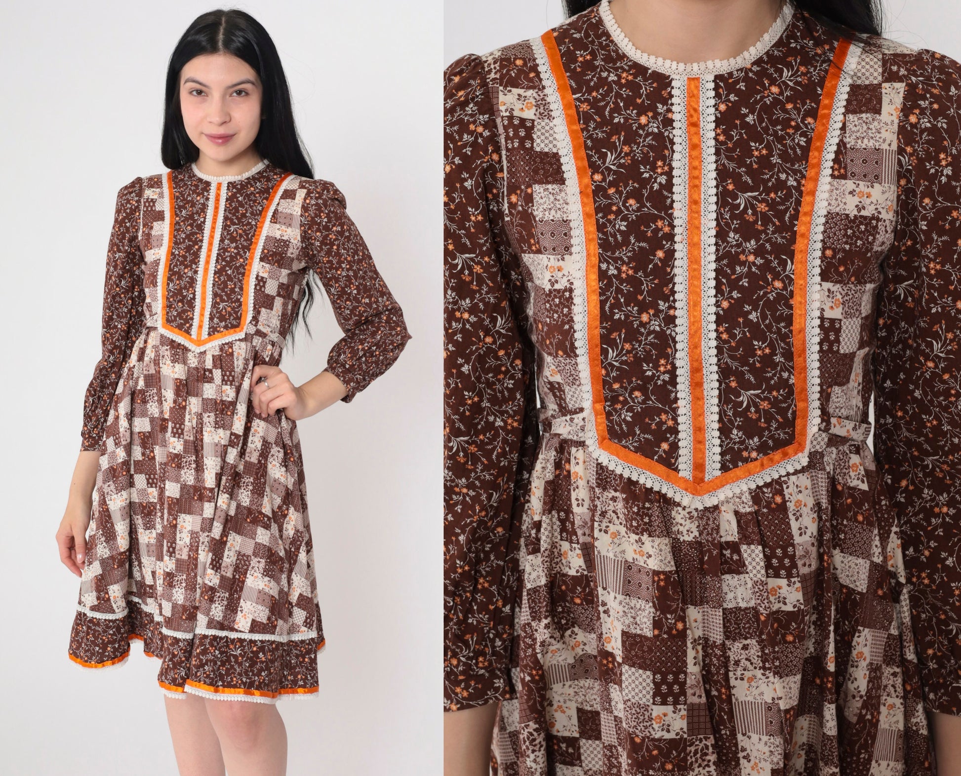 70s Calico Floral Mini Dress Puff Sleeve Patchwork Brown Cotton