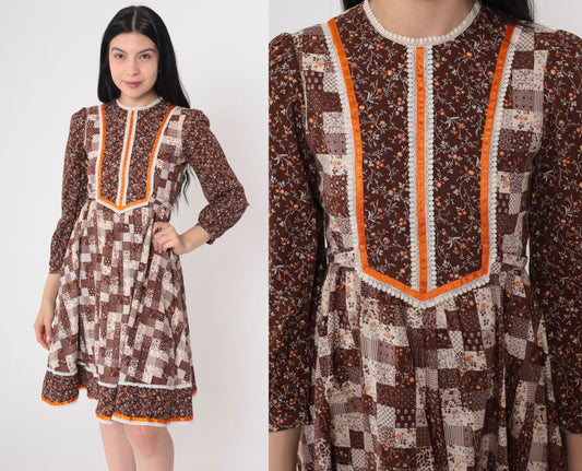 70s Calico Floral Mini Dress Puff Sleeve Patchwork Brown Cotton