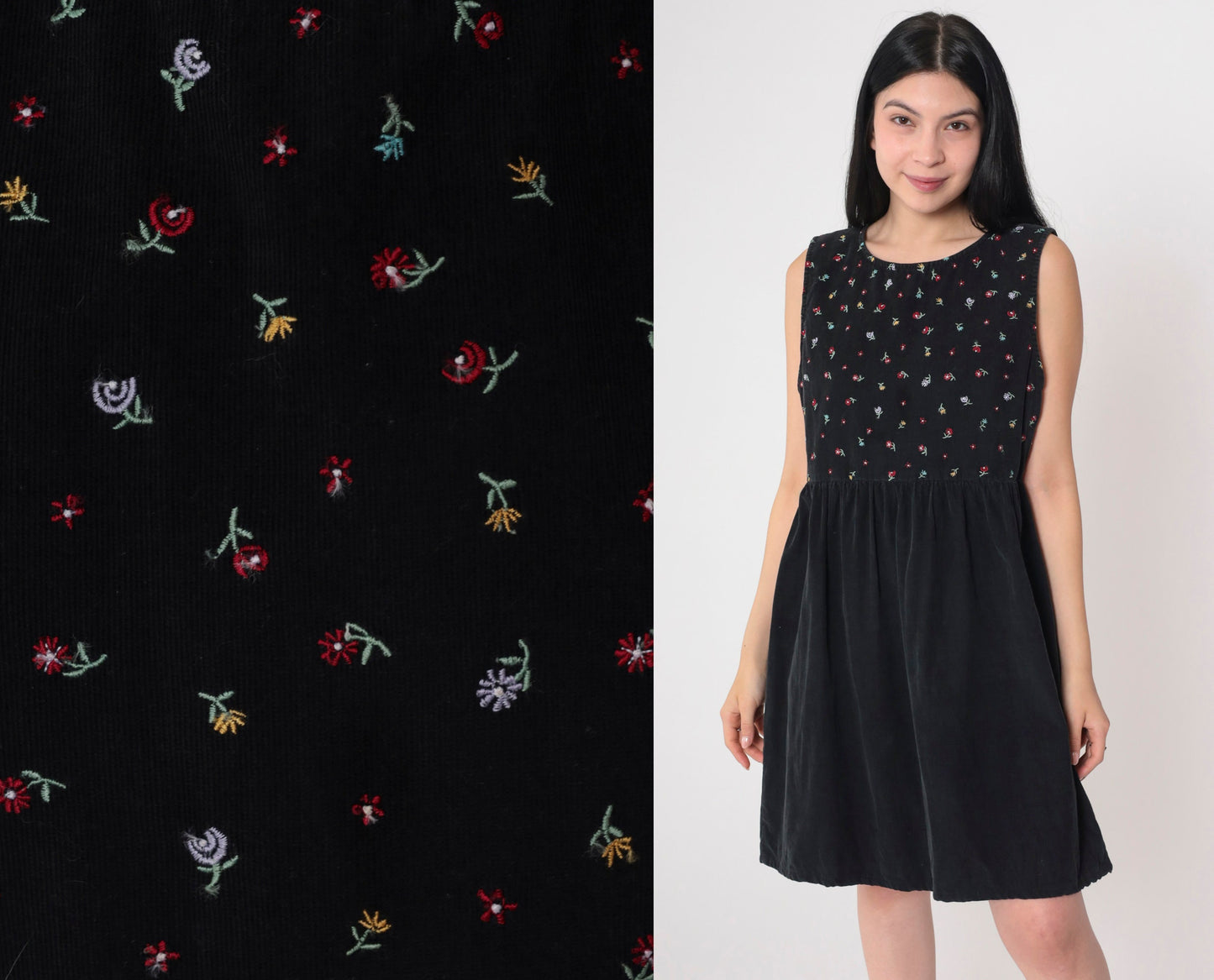 90s Black Corduroy Mini Dress Floral Embroidered High Waist Sleeveless Small