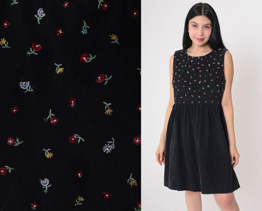 90s Black Corduroy Mini Dress Floral Embroidered High Waist Sleeveless Small