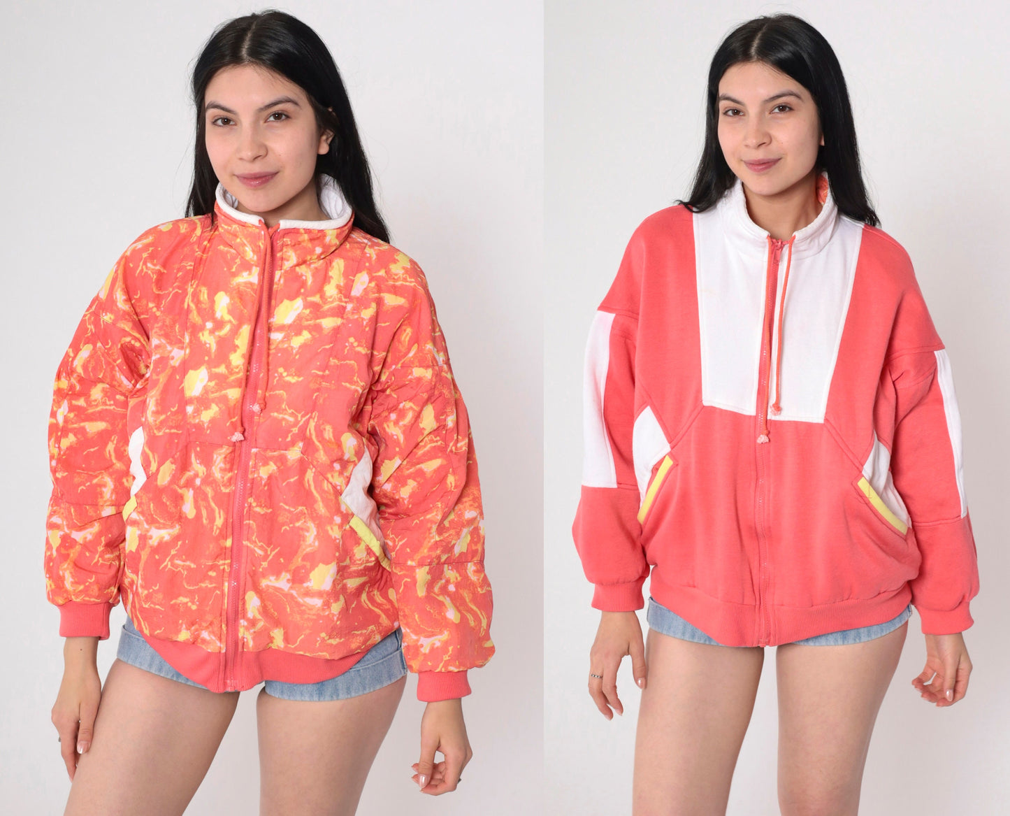 90s Aviat Sportif Reversible Windbreaker Coral Pink White Psychedelic Zip Jacket Small