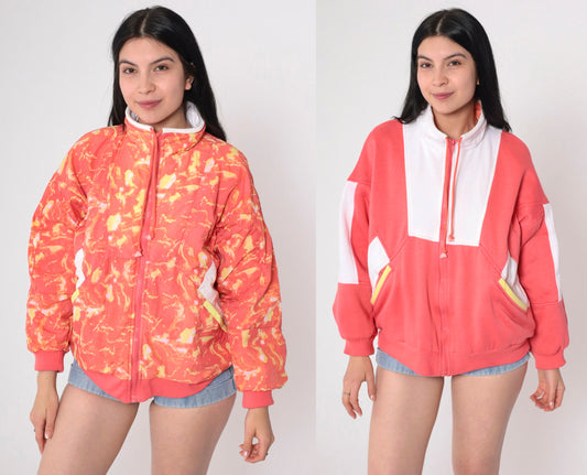 90s Aviat Sportif Reversible Windbreaker Coral Pink White Psychedelic Zip Jacket Small