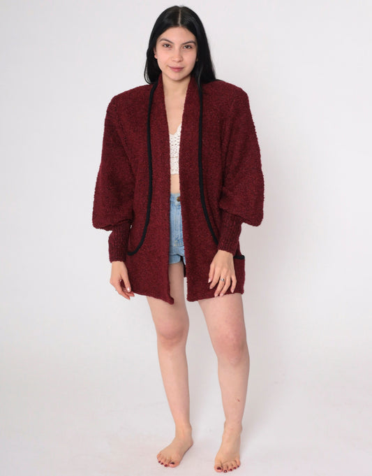 80s Wine Nubby Knit Cardigan Open Front Shoulder Pads Pockets Medium
