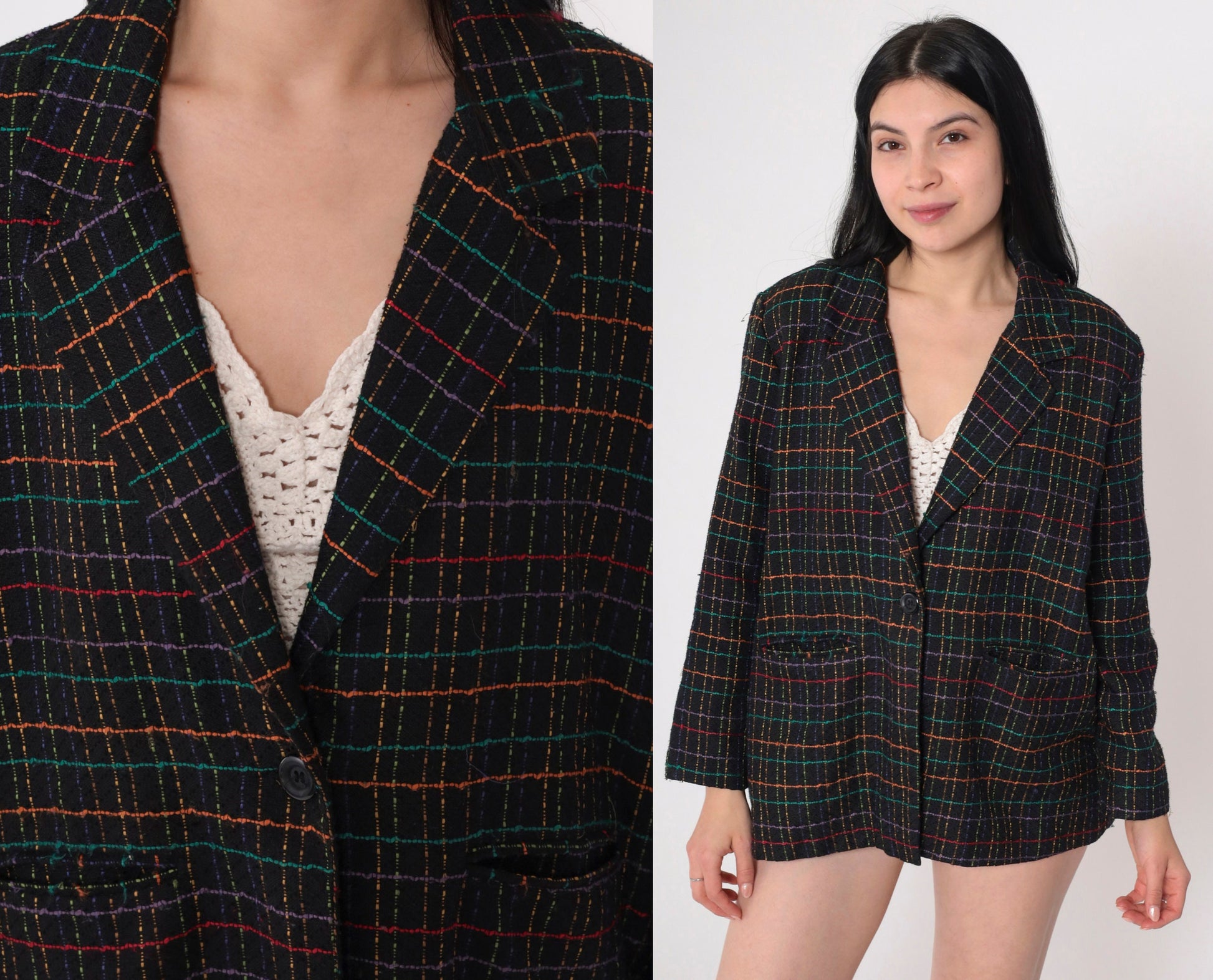 90s Black Checkered Blazer Rainbow Print Button-Up Jacket Large L