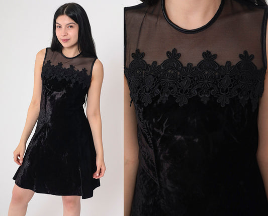 90s Scott McClintock Black Velvet Mini Dress Illusion Neckline Floral Lace Extra Small