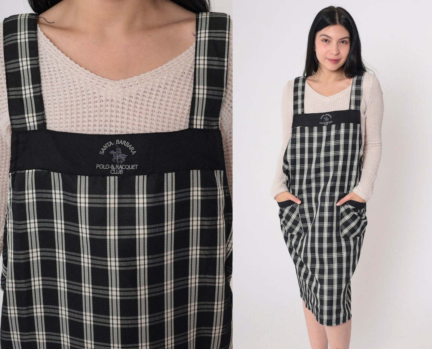 Y2K Santa Barbara Polo Plaid Apron Dress Black White Checkered Mini Open Back Small