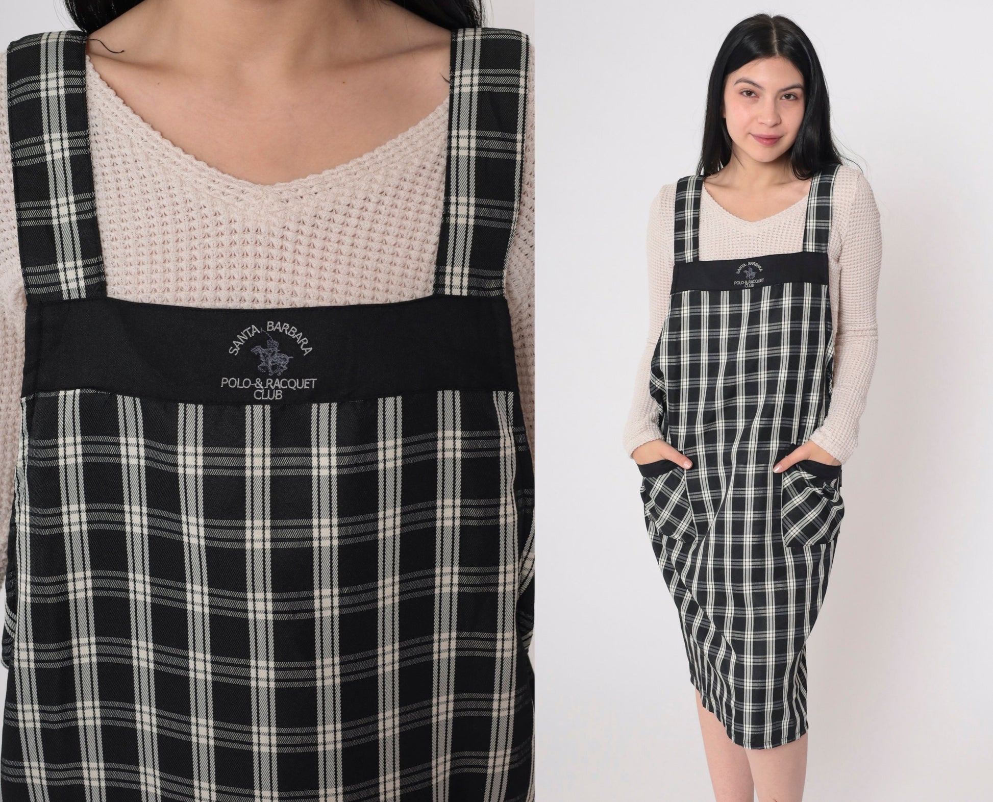 Y2K Santa Barbara Polo Plaid Apron Dress Black White Checkered Mini Open Back Small