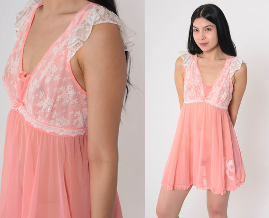 Betsey Johnson Pink Nightie Semi-Sheer Lace Trim Flutter Sleeve Mini Slip Dress Medium