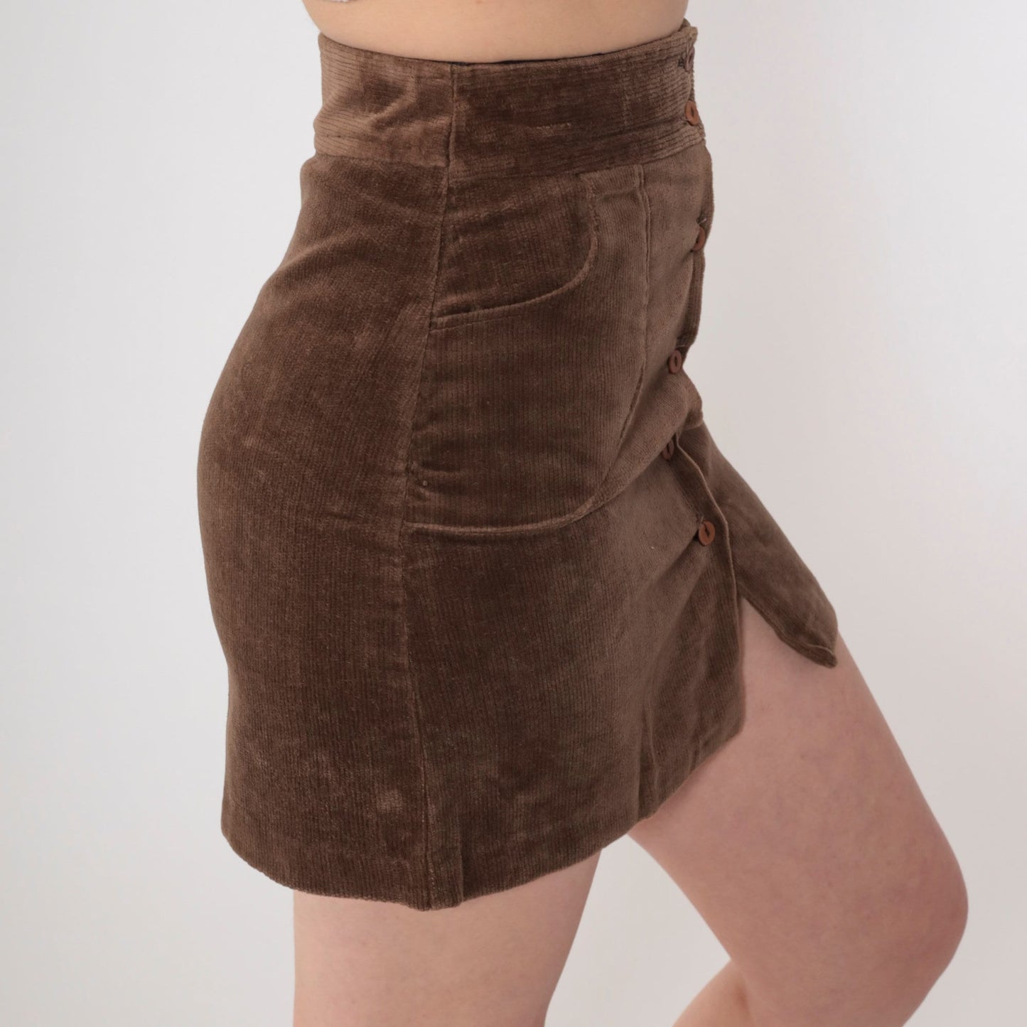 80s Brown Corduroy Mini Skirt High Waist Button Front Pencil Extra Small