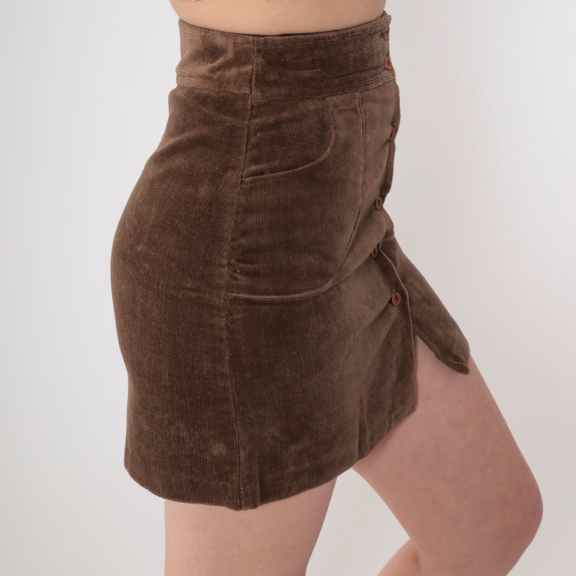 80s Brown Corduroy Mini Skirt High Waist Button Front Pencil Extra Small
