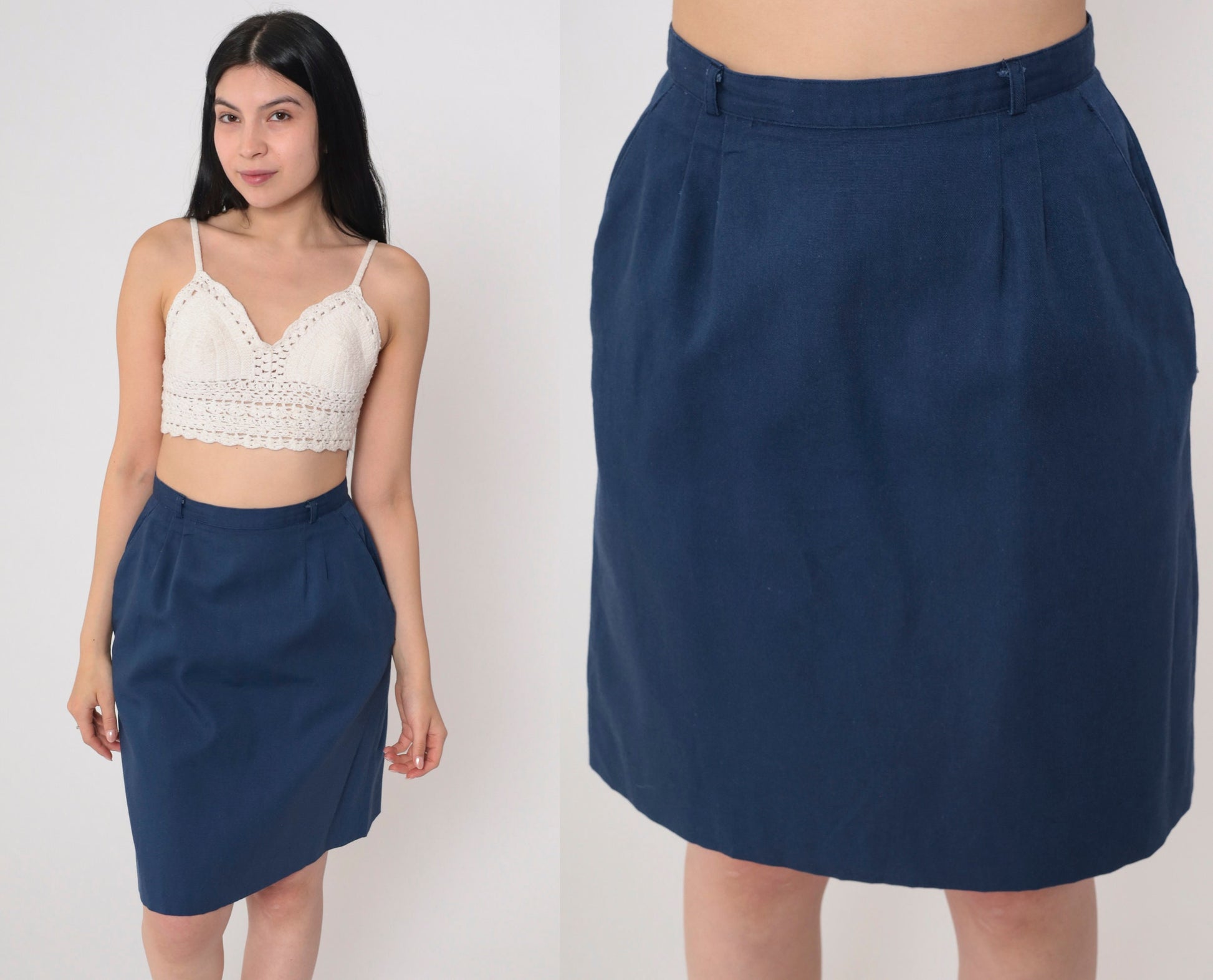 70s John Meyer Navy Pleated Mini Skirt High Waist Straight Cut Extra Small