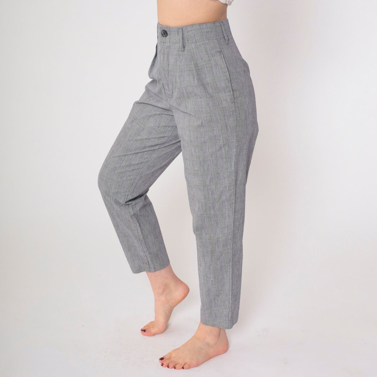 90s Calvin Klein Sport Grey Plaid Tapered Trousers High Waist Pleated Small