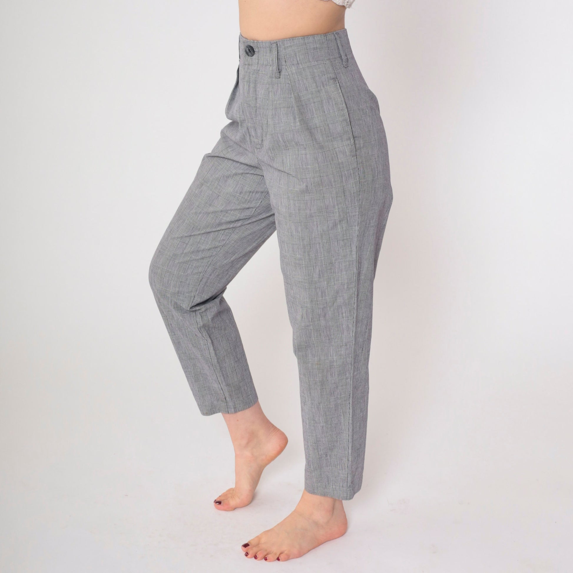 90s Calvin Klein Sport Grey Plaid Tapered Trousers High Waist Pleated Small
