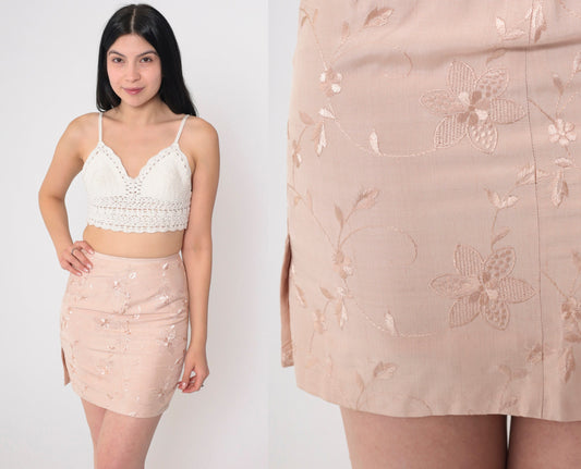90s Embroidered Floral Mini Skirt Beige High Waisted Pencil Side Slit Extra Small