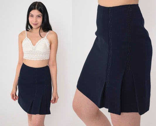90s Navy Rhinestone Beaded Mini Skirt High Waisted Pleated Pencil Small S