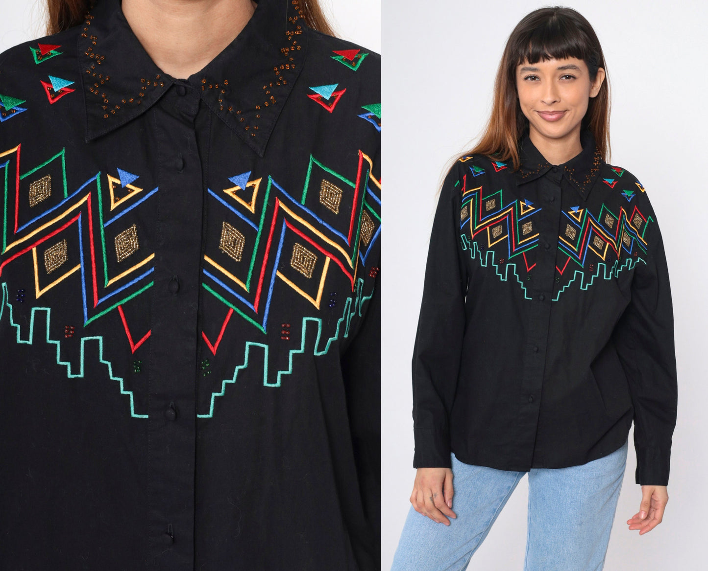 90s Southwest Embroidered Beaded Black Cotton Button Up Blouse Large L