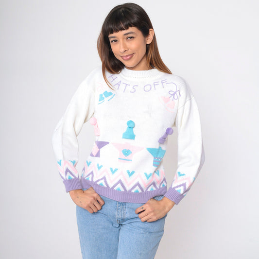 90s Hats Off Ice Skating Graphic Sweater Pastel Novelty Knit Small
