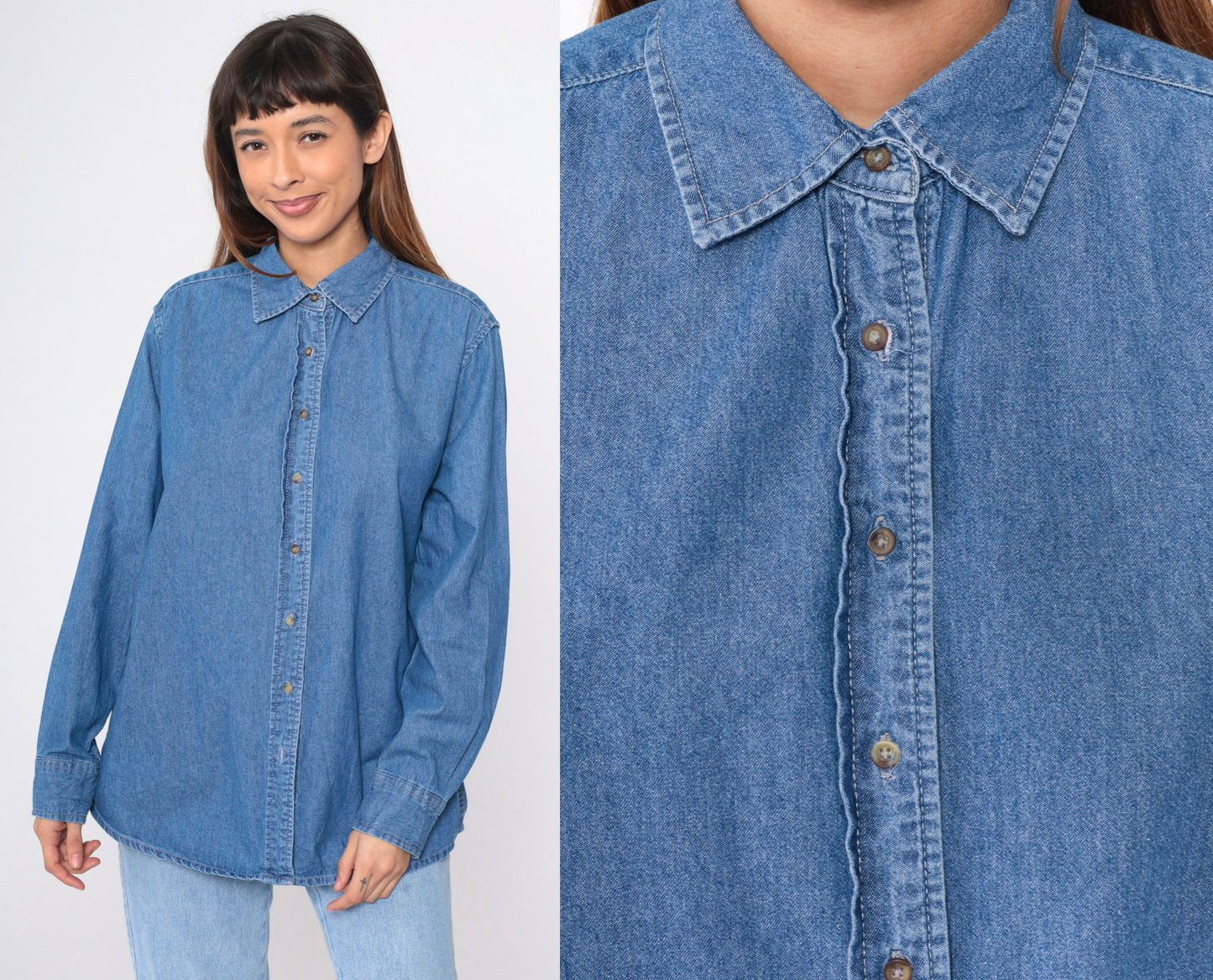 90s Vos Sports Blue Denim Button-Up Shirt Cotton Long Sleeve Extra Large XXL